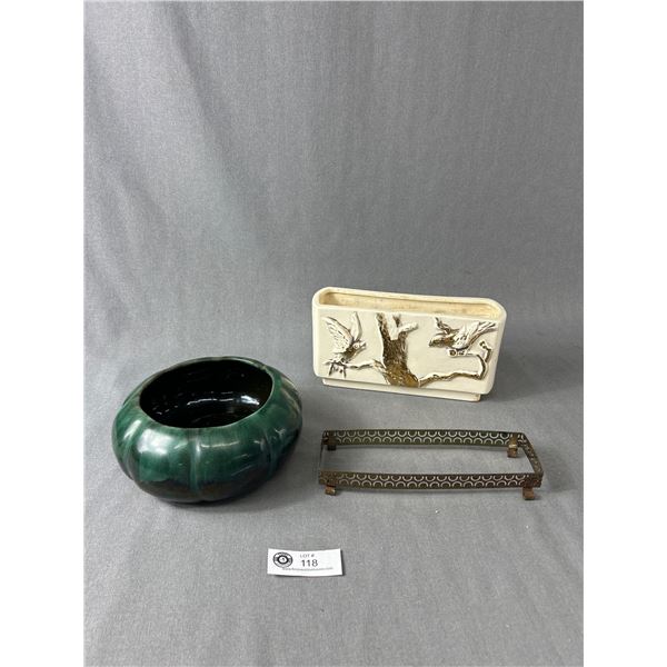 Mid Century Lane & Co. Van Nuys Calif Planter with Metal Holder & Danesi Drip Glaze Planter Pot