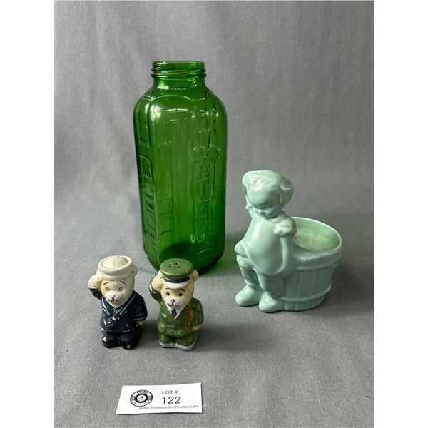 Vintage Embossed Green Glass Water/Juice Refrigerator Jar 40oz Armed Forces Salt & Pepper & Little G