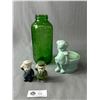 Image 1 : Vintage Embossed Green Glass Water/Juice Refrigerator Jar 40oz Armed Forces Salt & Pepper & Little G