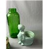 Image 3 : Vintage Embossed Green Glass Water/Juice Refrigerator Jar 40oz Armed Forces Salt & Pepper & Little G