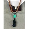 Image 2 : Extra Length Rudraksha Beads Necklace w/ Turquoise Tassel