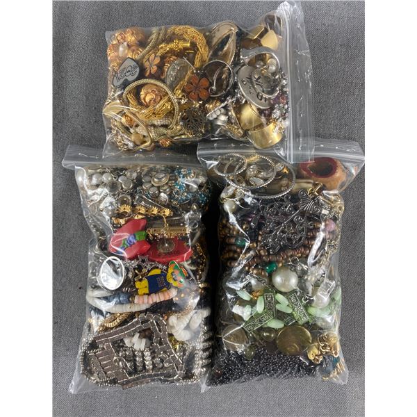 3 Bags Of Misc Jeweley, Pins, Beads, Rings,Chains, Parts & More