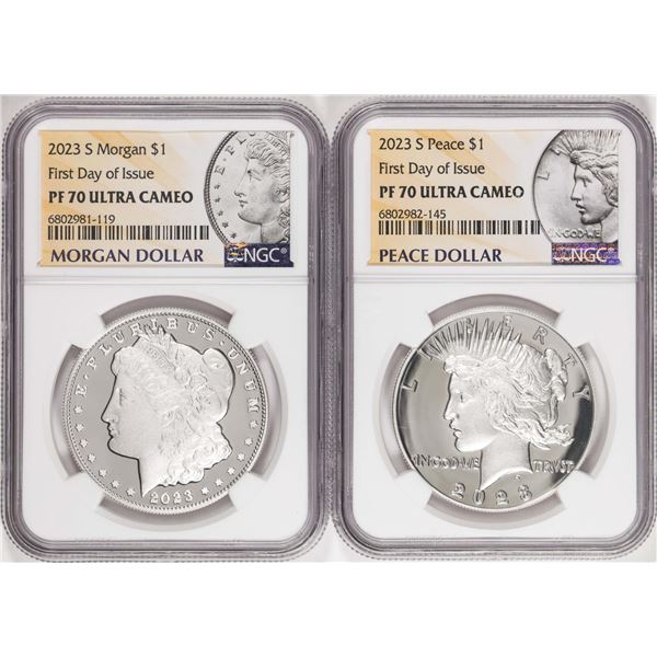 Lot of (2) 2023-S $1 Proof Morgan/Peace Silver Dollar Coins NGC PF70 Ultra Cameo FDOI