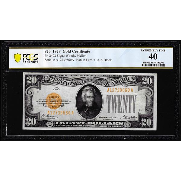 1928 $20 Gold Certificate Note Fr.2402 PCGS Extremely Fine 40