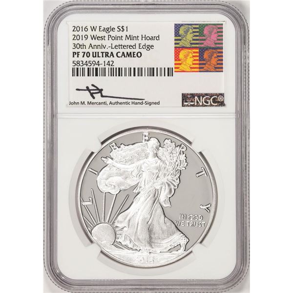 2016-W Lettered Edge $1 Proof American Silver Eagle Coin NGC PF70 UC Mercanti Signed