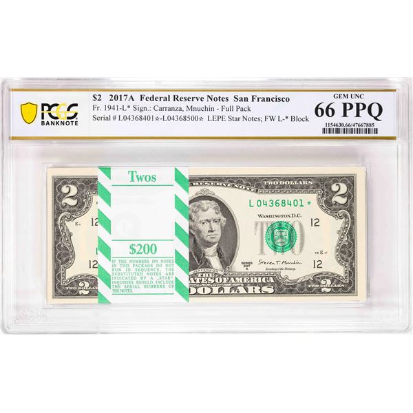 Pack 2017A $2 Federal Reserve STAR Notes SF Fr.1941-L* PCGS Gem Uncirculated 66PPQ