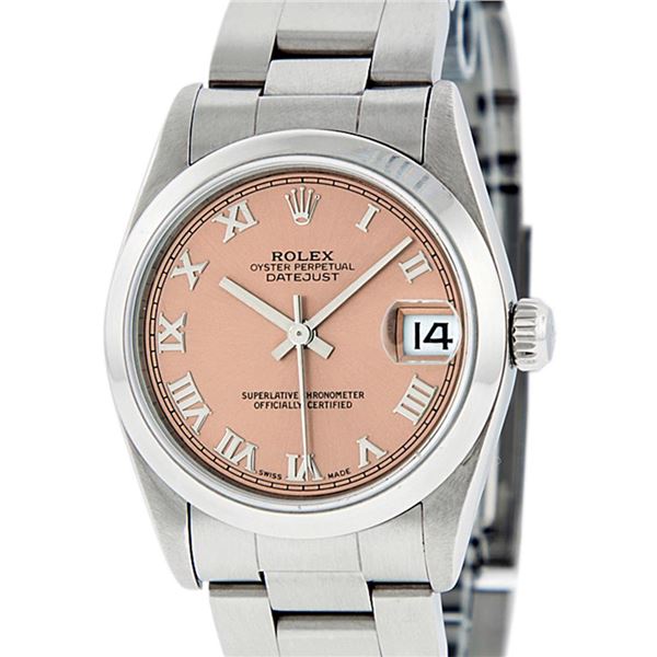 Rolex Ladies Midsize Stainless Steel Salmon Roman Datejust Wristwatch