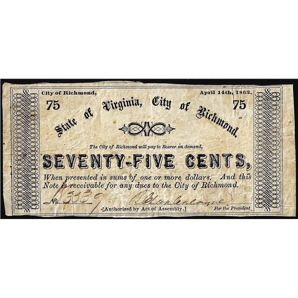 1862 Seventy-Five Cents The City of Richmond Obsolete Note
