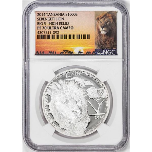2014 Tanzania 1000 Shillings Serengeti Lion Big 5 HR Silver Coin NGC PF70 Ultra Cameo
