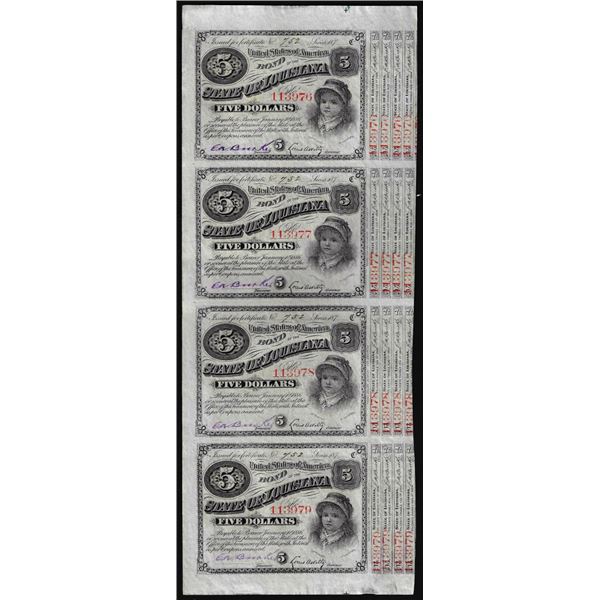 Uncut Sheet of (4) State of Louisiana Baby Bond Obsolete Notes