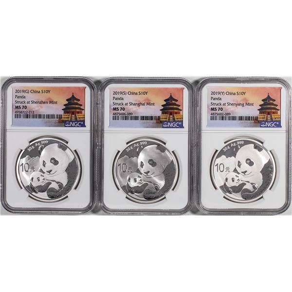 Set of (3) 2019 (G/S/Y) China 10 Yuan Silver Panda Coins NGC MS70