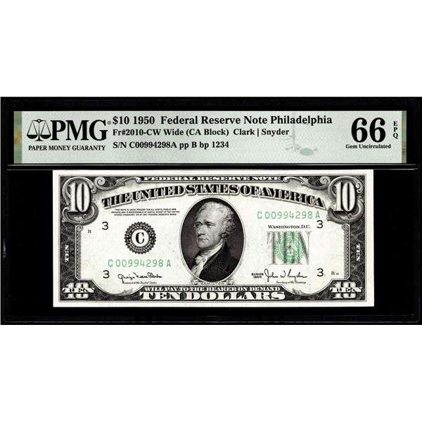 1950 $10 Federal Reserve Note Philadelphia Fr.2010-CW Wide PMG Gem Uncirculated 66EPQ
