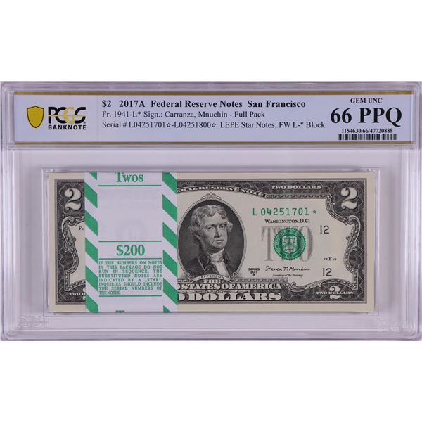Pack 2017A $2 Federal Reserve STAR Notes San Francisco Fr.1941-L* PCGS Gem UNC 66PPQ