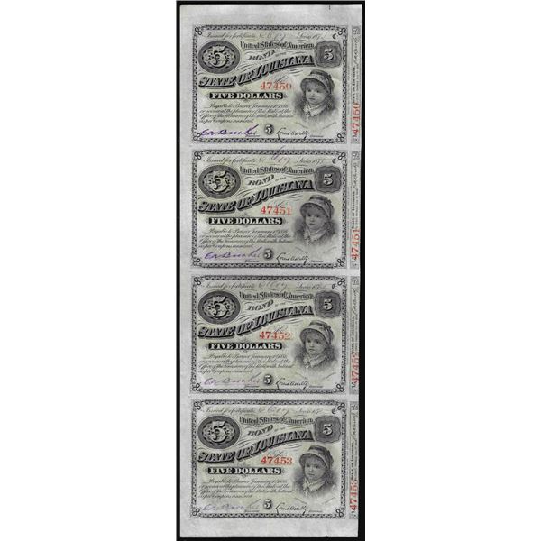 Uncut Sheet of (4) State of Louisiana Baby Bond Obsolete Notes