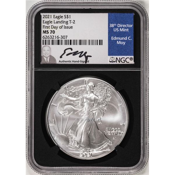 2021 Type 2 $1 American Silver Eagle Coin NGC MS70 FDOI Edmund Moy Signature