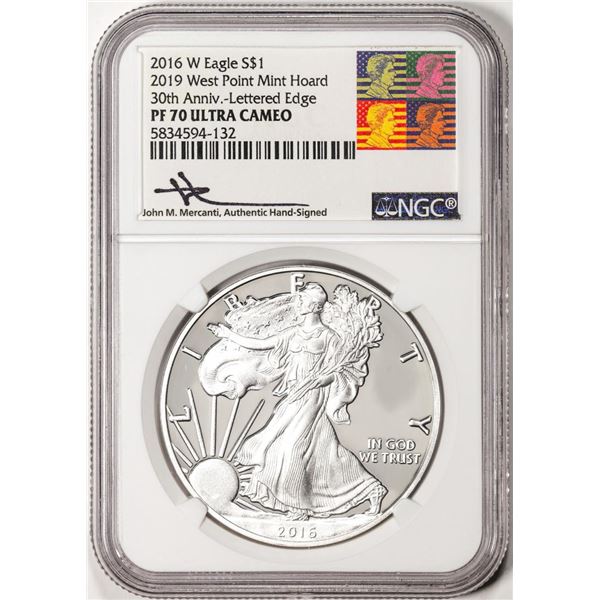 2016-W $1 Proof American Silver Eagle Coin NGC PF70 UC Mercanti Signed West Point Hoard