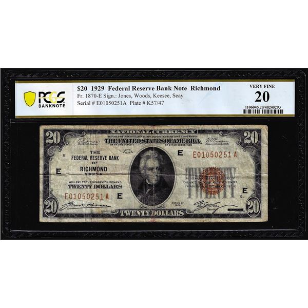1929 $20 Federal Reserve Note Richmond Fr.1870-E PCGS Very Fine 20