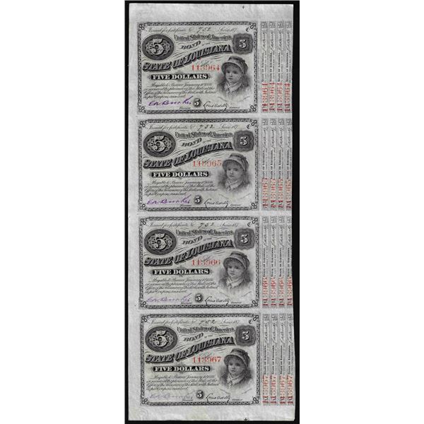 Uncut Sheet of (4) State of Louisiana Baby Bond Obsolete Notes