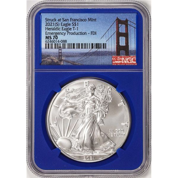 2021(S) Type 1 $1 American Silver Eagle Coin NGC MS70 FDI San Francisco Blue Core