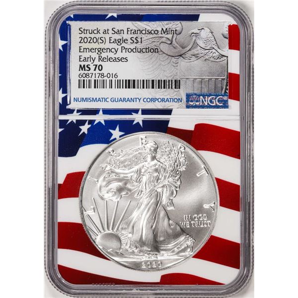 2020(S) $1 American Silver Eagle Coin NGC MS70 Early Releases Mint Flag Core