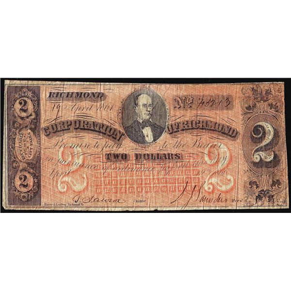1861 $2 Corporation of Richmond Virginia Obsolete Note