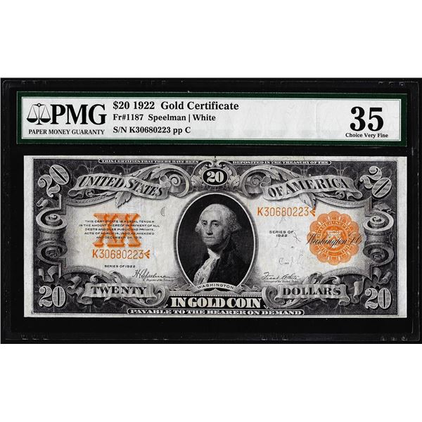 1922 $20 Gold Certificate Note Fr.1187 PMG Choice Very Fine 35