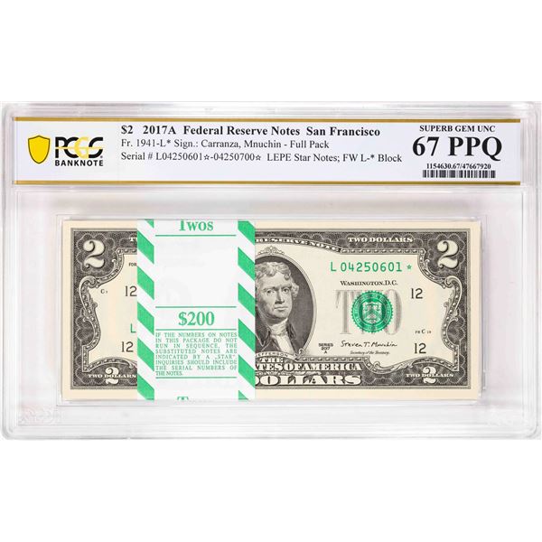 Pack 2017A $2 Federal Reserve STAR Notes SF Fr.1941-L* PCGS Superb Gem Unc 67PPQ