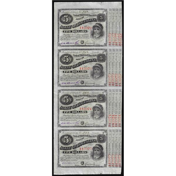 Uncut Sheet of (4) State of Louisiana Baby Bond Obsolete Notes
