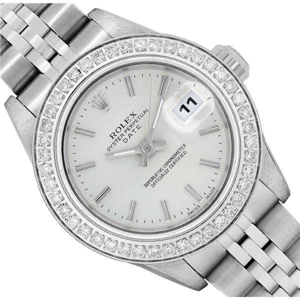 Rolex Ladies Stainless Steel Silver Diamond Date Wristwatch