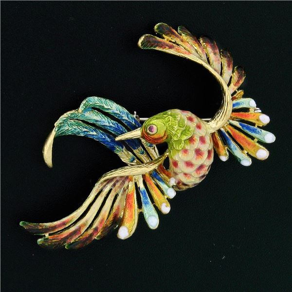 Vintage 18k Yellow Gold Multi Color Enamel Flying Ruby Eye Peacock Pin Brooch