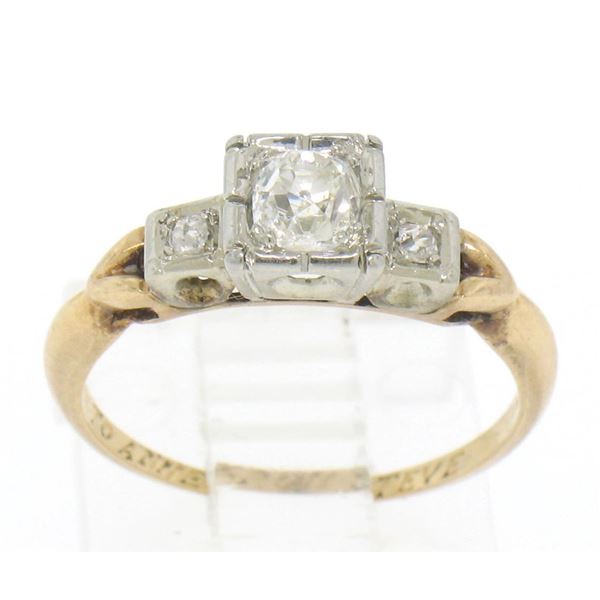 Antique Victorian 14k Two Tone Gold Cushion Old Mine Cut Diamonds 3 Stone Ring