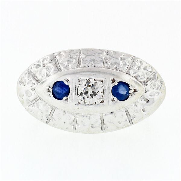Vintage 14k White Gold 0.25 ctw Round Diamond & Sapphire Floral Oval Platter Rin