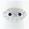 Image 3 : Vintage 14k White Gold 0.25 ctw Round Diamond & Sapphire Floral Oval Platter Rin