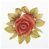Image 3 : Vintage GIA NO DYE Carved Rose Coral Pin Brooch w/ 18k Gold Textured Leaf Frame