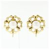 Image 1 : Vintage 14k Yellow Gold 6.8mm Round Pearl Open Flower Frame Screw Back Earrings