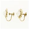 Image 4 : Vintage 14k Yellow Gold 6.8mm Round Pearl Open Flower Frame Screw Back Earrings