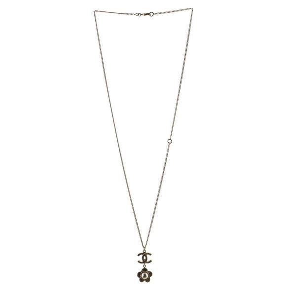 Chanel Gold-tone Metal CC Flower Faux Pearl Drop Pendant Necklace