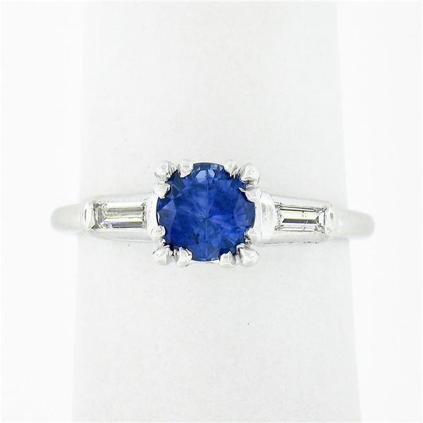 Vintage Platinum 1.17 ctw Round Sapphire Baguette Diamond 3 Stone Engagement Rin