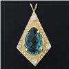 Image 5 : Large 14k Yellow Gold Tear Drop London Blue Topaz & Round Diamond Kite Pendant