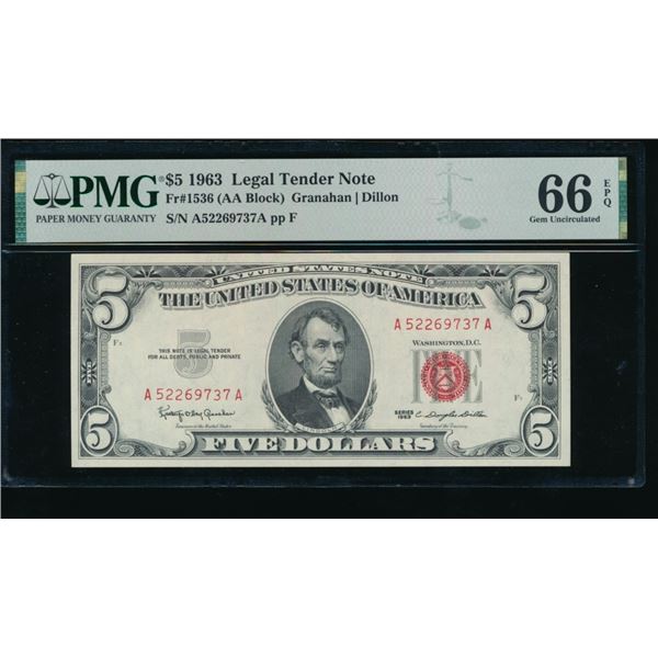 1963 $5 Legal Tender Note PMG 66EPQ