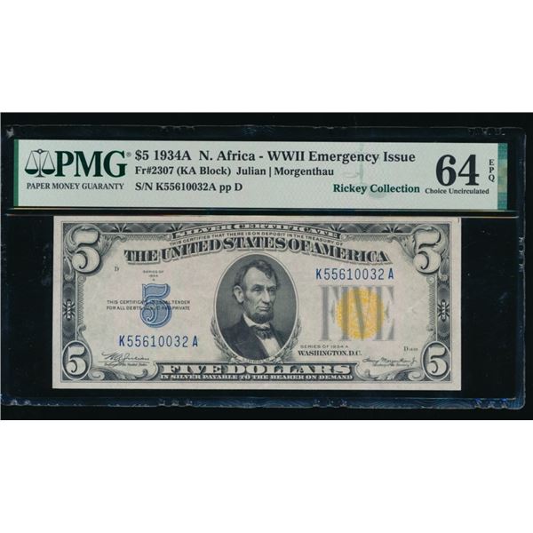 1934A $5 N Africa Silver Certificate PMG 64EPQ