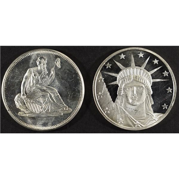 (2) 1 OZ .999 SILVER SEATED LIB & STATUE ROUNDS