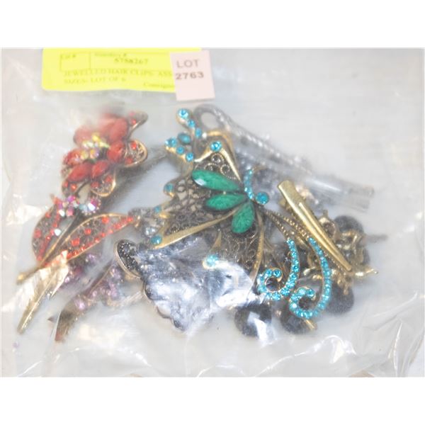 JEWELLED HAIR CLIPS- ASSORTED SIZES- LOT OF 6