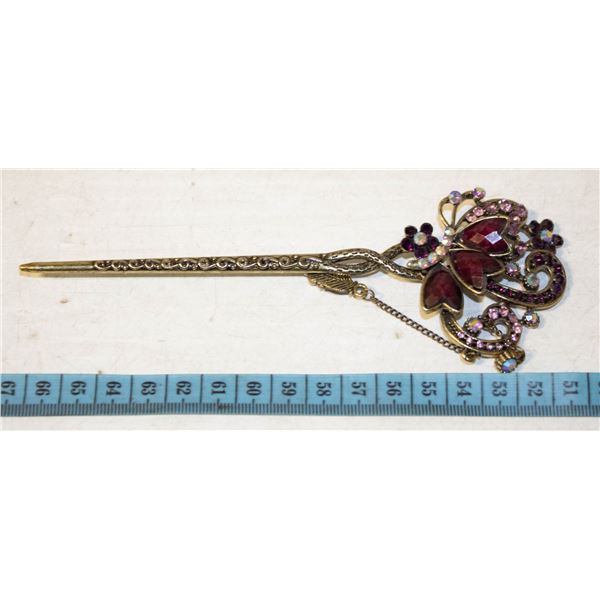 VINTAGE LARGE JEWELLED BRASS HAIRPIN- 6.5 "