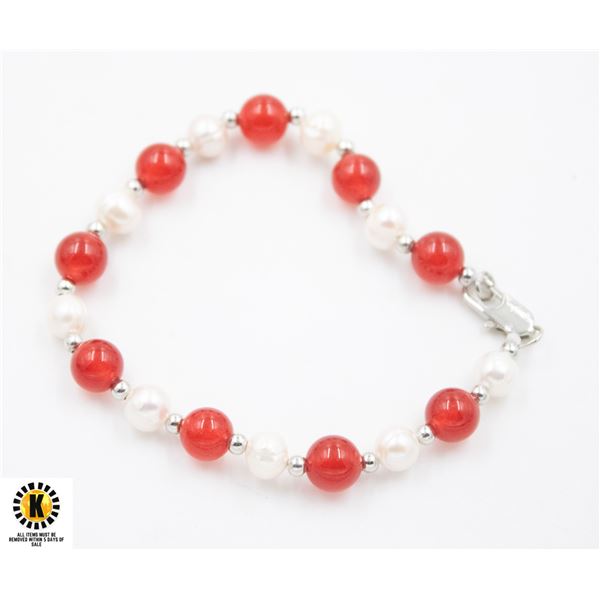 #317- FRESH WATER PEARL , RED JADE   BRACELET