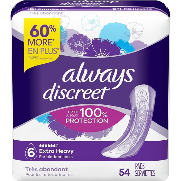 NEW ALWAYS DISCREET EXTRA HEAVY FLOW PADS 54 PACK