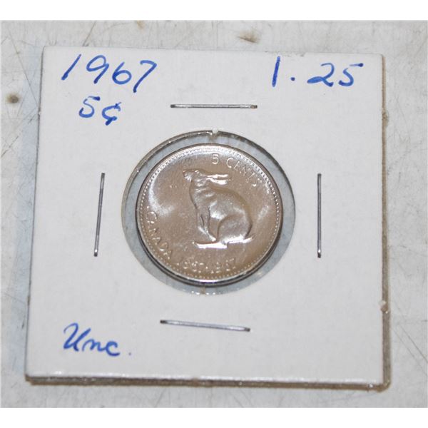 1867-1967 CANADA CENTENNIAL RABBIT 5 CENTS, BU