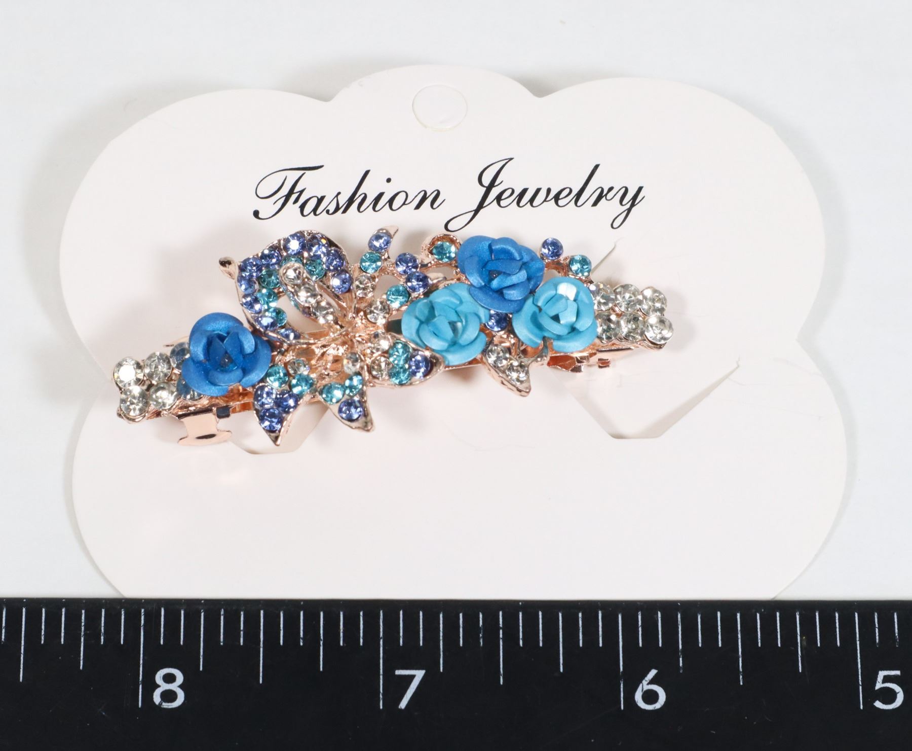 NEW ROSE GOLD TONE BLUE ROSES AND RHINESTONES