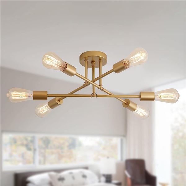 NEW GOLD TONE 6 BULB CEILING SPUTNIK STYLE LIGHT