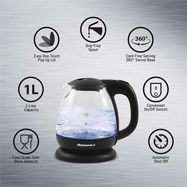 NEW ELITE GOURMET GLASS CORDLESS ELECTRIC KETTLE